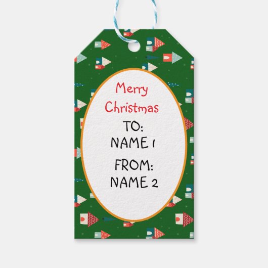 Schattigee vrolijke kerststad cadeaulabel (Voorkant)