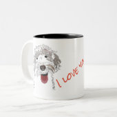 Schattigee, vrolijke, liefdevolle Labradoodle Dog Tweekleurige Koffiemok (Voorkant links)