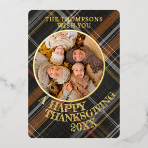 Schattigee vrolijke Thanksgiving Plaid Pattern Gol Folie Feestdagenkaart