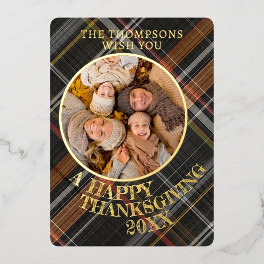 Schattigee vrolijke Thanksgiving Plaid Pattern Gol Folie Feestdagenkaart (Voorkant)