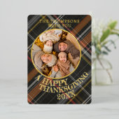 Schattigee vrolijke Thanksgiving Plaid Pattern Gol Folie Feestdagenkaart (Staand Voorkant)