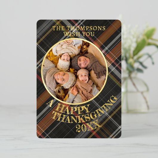 Schattigee vrolijke Thanksgiving Plaid Pattern Gol Folie Feestdagenkaart (Staand Voorkant)