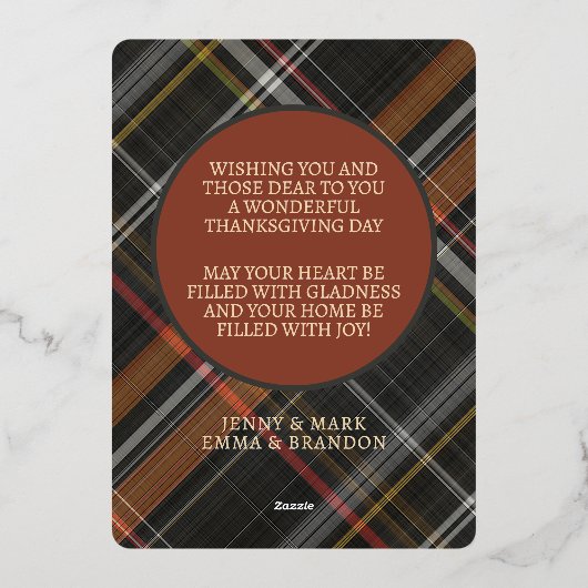 Schattigee vrolijke Thanksgiving Plaid Pattern Gol Folie Feestdagenkaart (Achterkant)