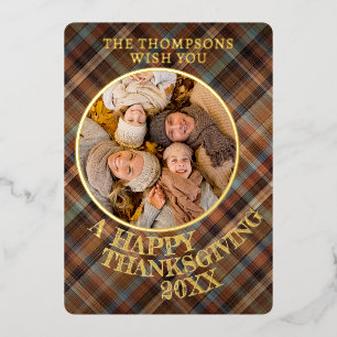 Schattigee vrolijke Thanksgiving Plaid Pattern Gol Folie Feestdagenkaart