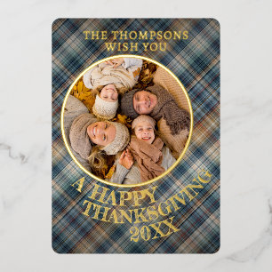 Schattigee vrolijke Thanksgiving Plaid Pattern Gol Folie Feestdagenkaart