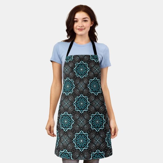 Schattigee Vrouwen Fancy Zwart Wit Blauwgroen Dot Schort (Gedragen)