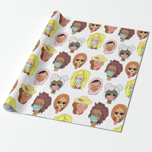 Schattigee vrouwen met gezichtsmaskers illustratie cadeaupapier (Uitgerold)