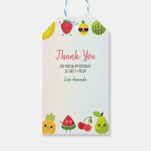 Schattigee vruchten Dank u Verjaardagsfeest Kinder Cadeaulabel (Voorkant)