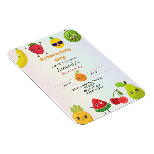 Schattigee vruchten eerste verjaardagsuitnodiging  magneet (Rechterzijde)