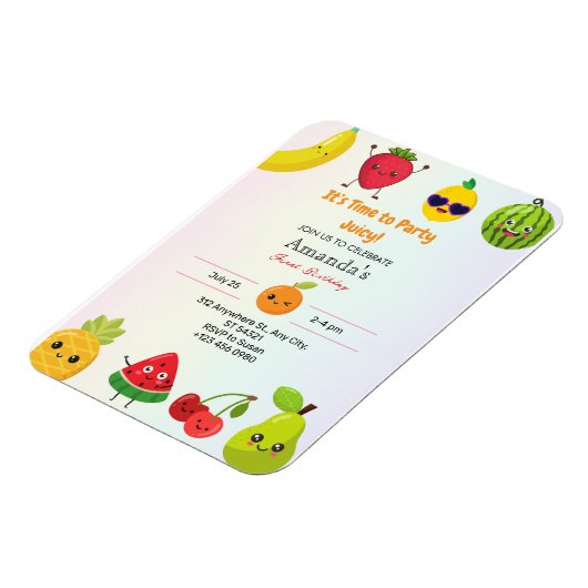 Schattigee vruchten eerste verjaardagsuitnodiging  magneet (Linkerzijde)