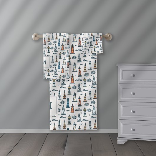 Schattigee Vuurtoren Naadloze Patroon Monogrammed Bad Handdoek