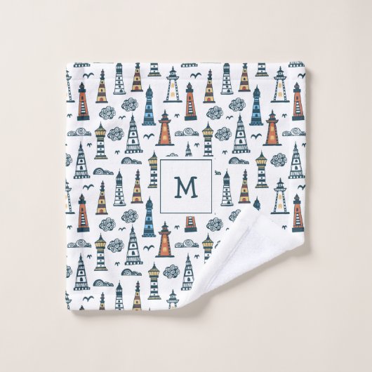 Schattigee Vuurtoren Naadloze Patroon Monogrammed Bad Handdoek (Wasdoekje)