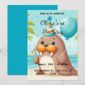 Schattigee Walrus thema 1e verjaardag Uitnodigen Feestdagenkaart (Voorkant / Achterkant)