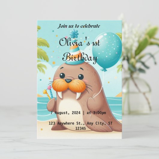 Schattigee Walrus thema 1e verjaardag Uitnodigen Feestdagenkaart (Staand voorkant)