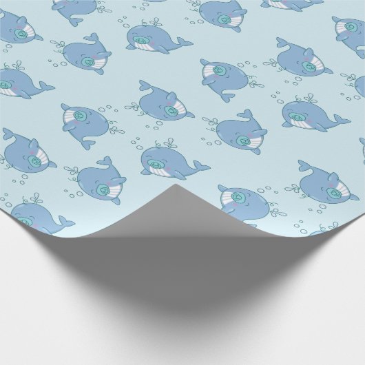 Schattigee walvis Baby shower Kawaii Boy Blue Cadeaupapier (Hoek)