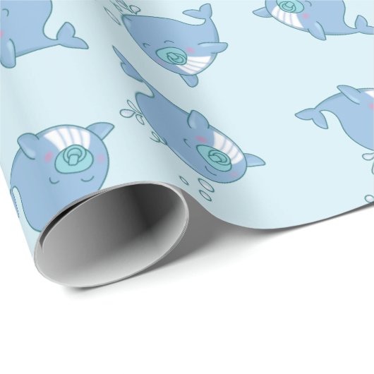 Schattigee walvis Baby shower Kawaii Boy Blue Cadeaupapier (Rol Hoek)