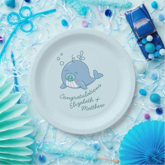 Schattigee walvis Baby shower Kawaii Boy Blue Papieren Bordje (Feest)
