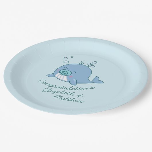 Schattigee walvis Baby shower Kawaii Boy Blue Papieren Bordje (Gekanteld)