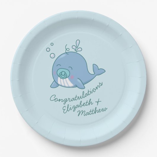 Schattigee walvis Baby shower Kawaii Boy Blue Papieren Bordje (Voorkant)
