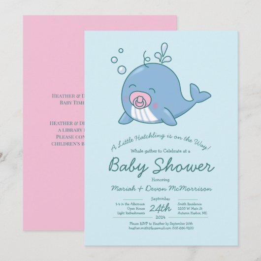 Schattigee Walvis Baby shower Kawaii Invitation Gi Kaart (Voorkant / Achterkant)