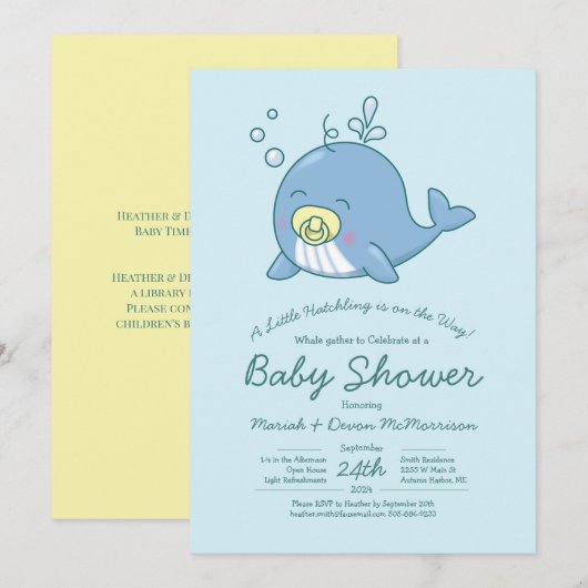 Schattigee walvis Baby shower kawaii uitnodiging (Voorkant / Achterkant)