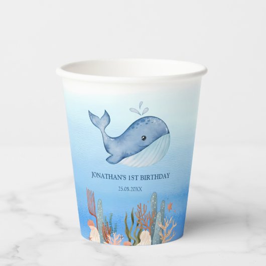 Schattigee walvis blauw Zee koraalrif Verjaardag Papieren Bekers (Voorkant)