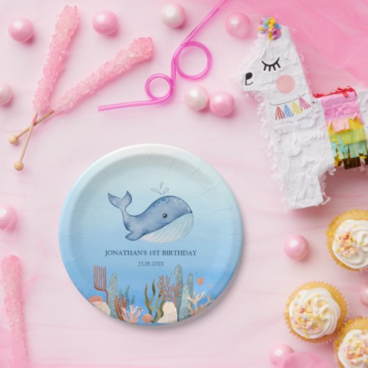 Schattigee walvis blauw Zee koraalrif Verjaardag Papieren Bordje (Feest)