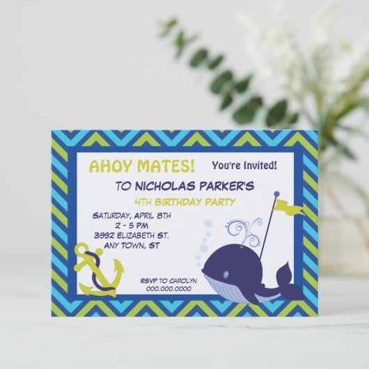 Schattigee Walvis en Anker Verjaardagsfeestuitnodi Kaart (Staand voorkant)