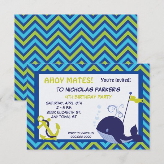 Schattigee Walvis en Anker Verjaardagsfeestuitnodi Kaart (Voorkant / Achterkant)