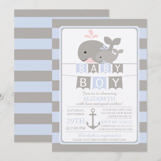 Schattigee walvis jongen Baby shower uitnodiging (Voorkant / Achterkant)