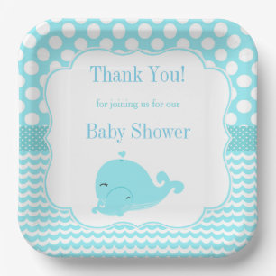 Schattigee walvis met Baby Blue Boy Baby shower pa Papieren Bordje