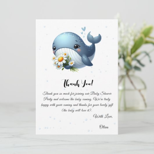 Schattigee walvis met Daisy Baby shower bedankkaar Kaart (Staand voorkant)