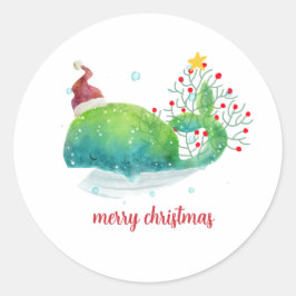 Schattigee walvis met kerstmuts kerstboom ronde sticker