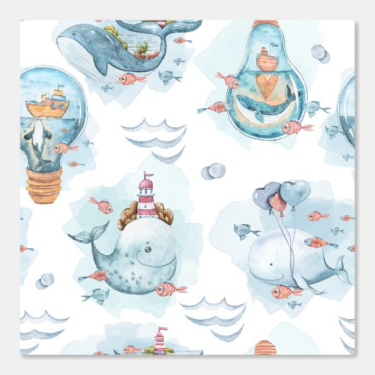 Schattigee walvis Waterverf nautische Baby kwekeri Behang (Voorkant)