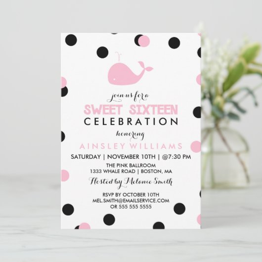 Schattigee walvis | Zwart & Roze Sweet Sixteen Par Kaart (Staand voorkant)