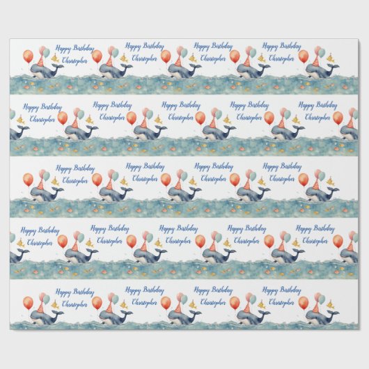 Schattigee walvisjongens gepersonaliseerde verjaar cadeaupapier (Vlak)