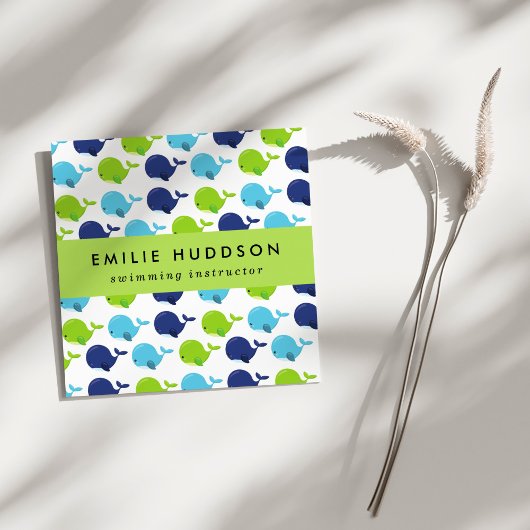 Schattigee walvissen, zweminstructeur, zwemcoach vierkante visitekaartje