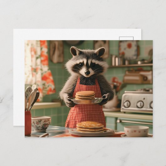 Schattigee Wasbeer Chef in Retro Keuken Serving Pa Feestdagenkaart (Voorkant / Achterkant)