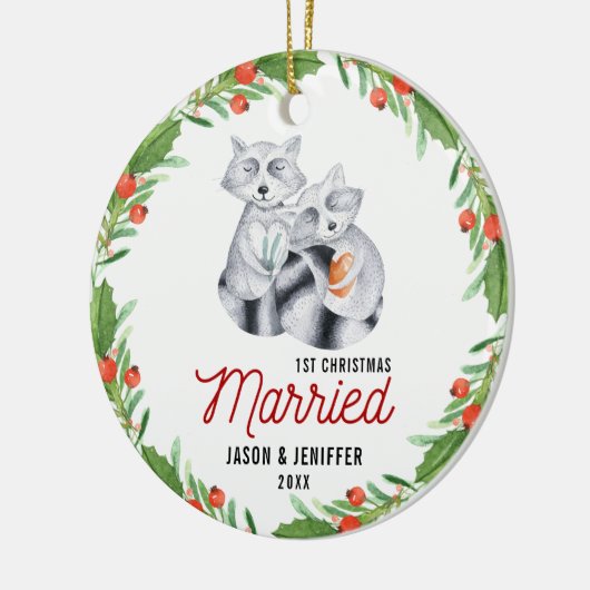 Schattigee wasbeer eerste kerst gehuwde Pas getrou Keramisch Ornament (Links)