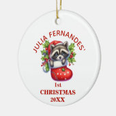Schattigee wasbeer eerste kerstdag gepersonaliseer keramisch ornament (Links)
