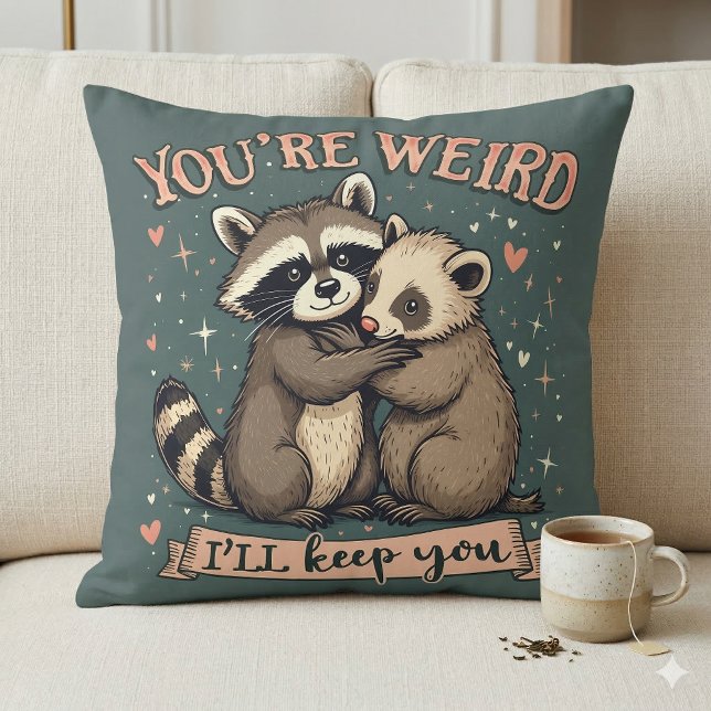 Schattigee Wasbeer en Ferret Knuffel met Grappige  Kussen (Cute Raccoon and Ferret Hug with Funny Quote Throw Pillow Mockup A)