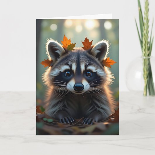 Schattigee wasbeer en herfstbladeren verjaardag kaart (Voorkant)