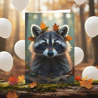 Schattigee wasbeer en herfstbladeren verjaardag kaart