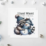 Schattigee wasbeer en sneeuwpop. feestdagenkaart<br><div class="desc">Vier het vakantieseizoen met dit hartverwarmende kerst wenskaart met een schattige wasbeer knuffelen een vrolijke sneeuwpop onder een besneeuwde winterhemel. Met de speelse boodschap "Ik wil gewoon harige vrienden", is deze kaart ideaal voor dierenvrienden en iedereen die gezellige, oprechte momenten koestert. Verspreid de vreugde van harige vriendschappen en vakantiejuichen met...</div>