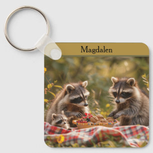 Schattigee wasbeer familie met een picknick sleutelhanger