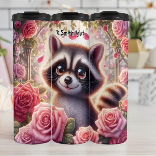 Schattigee wasbeer in een Rozen tuin Thermosbeker