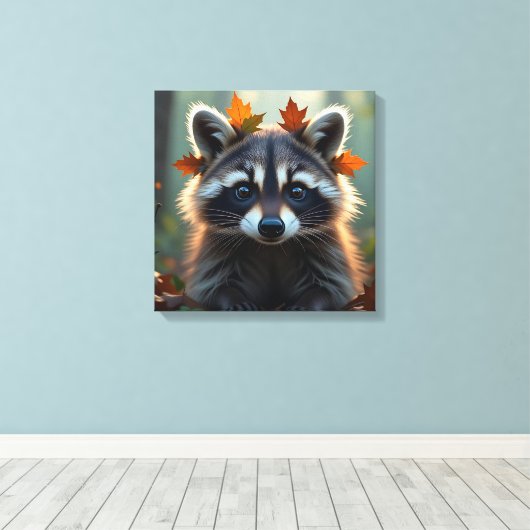 Schattigee wasbeer in herfstbladeren canvas afdruk (Insitu (Houten vloer))