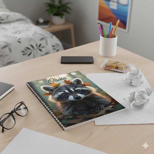 Schattigee wasbeer in herfstbladeren gepersonalise notitieboek