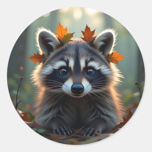 Schattigee wasbeer in herfstbladeren ronde sticker (Voorkant)