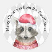 Schattigee wasbeer in rode kerstmuts ronde sticker (Voorkant)